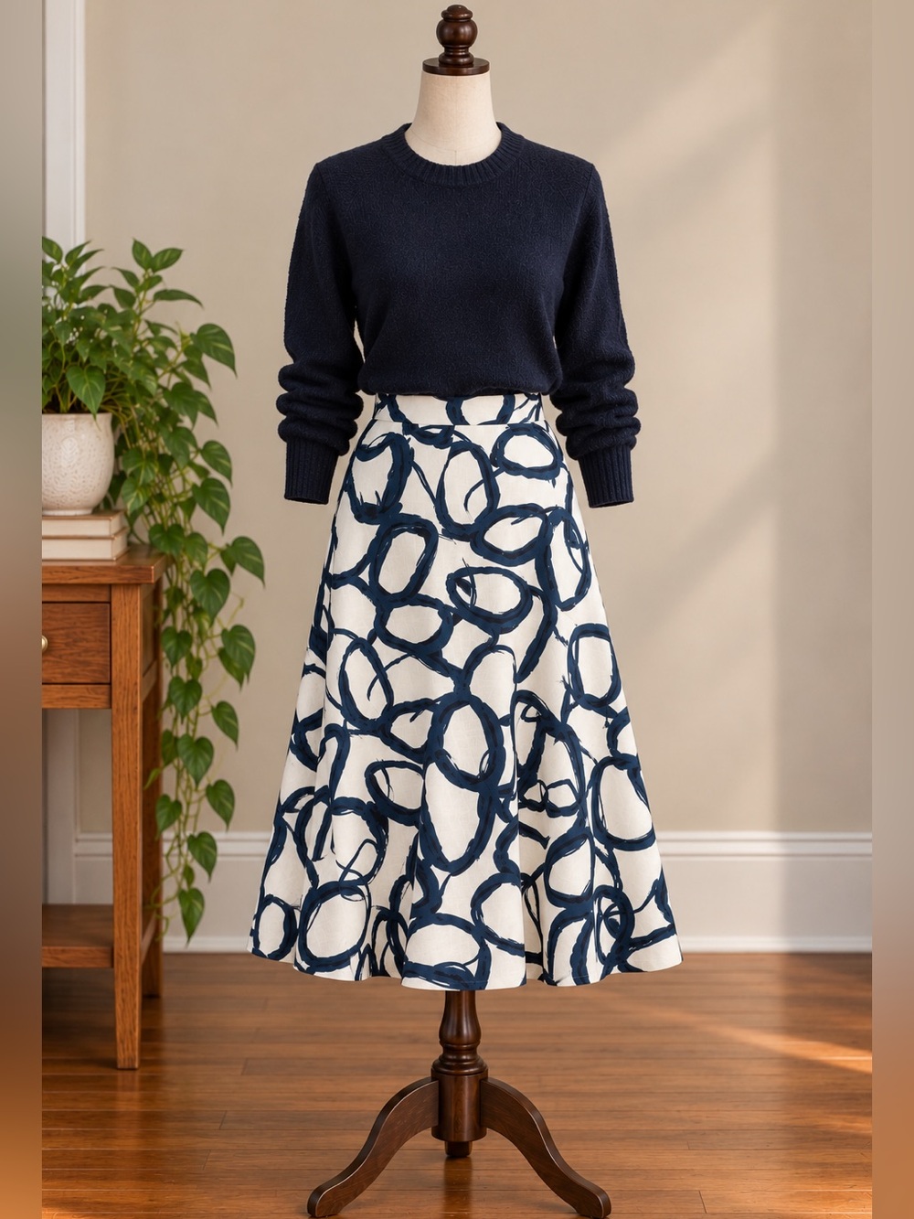 Contemporaine Simons Navy White Abstract Print Cotton Midi Skirt XS Coastal Chic